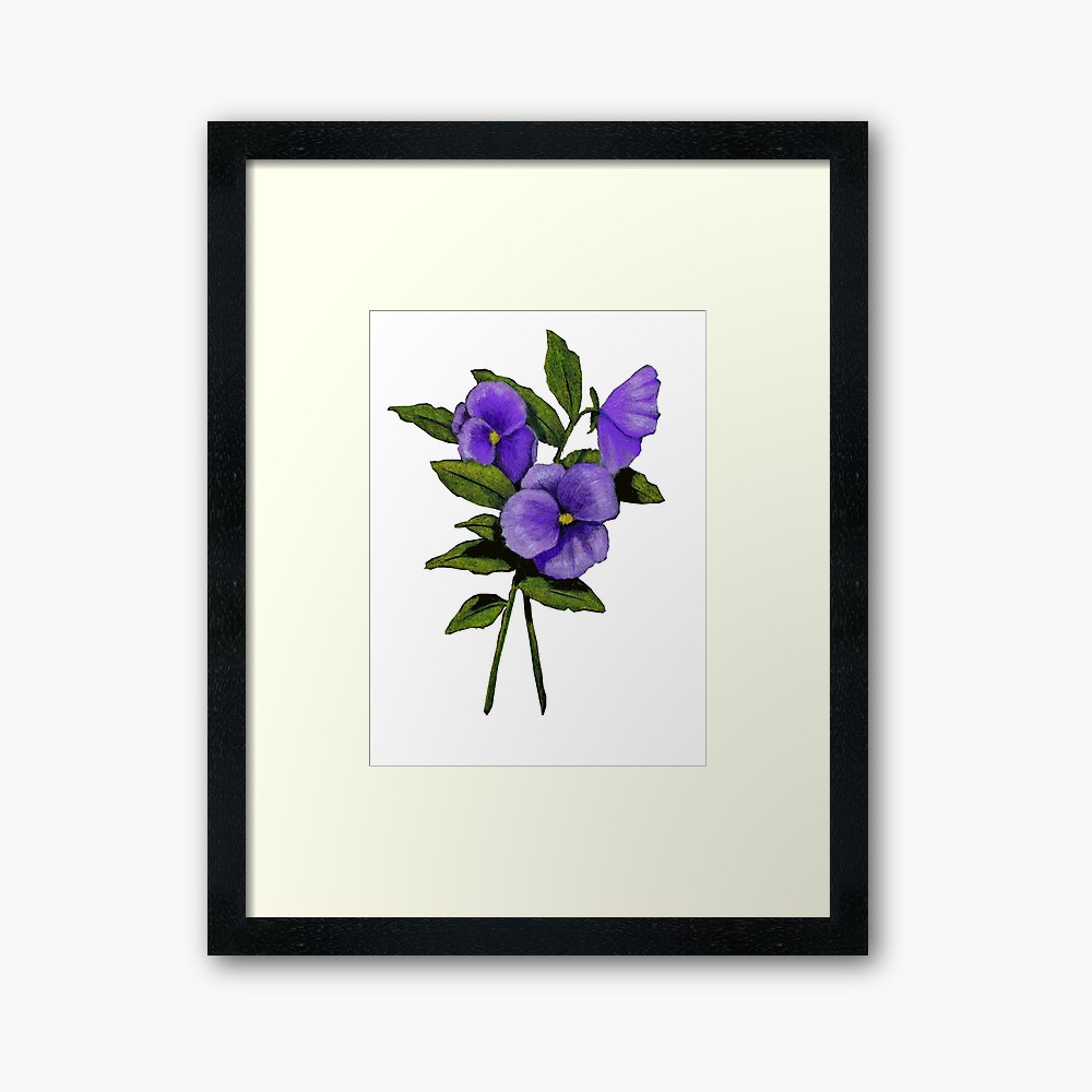 1000x1000 Purple Pansies Original Colour Pencil Drawing, Flowers Framed