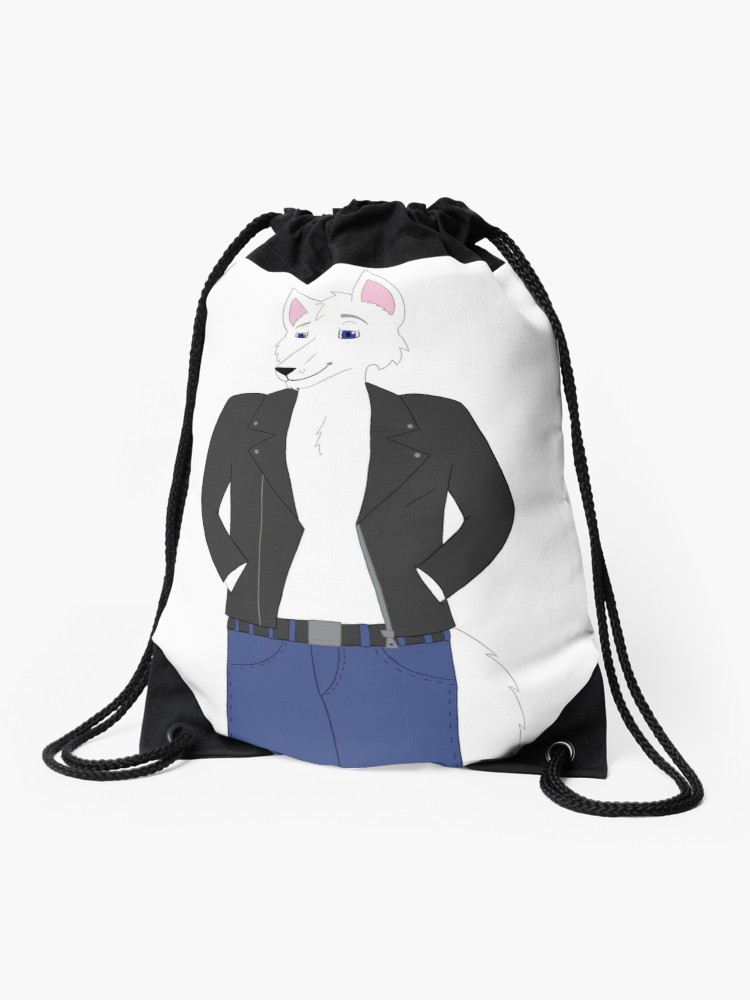 750x1000 White Wolf In Jeans And Leather Jacket Drawstring Bag