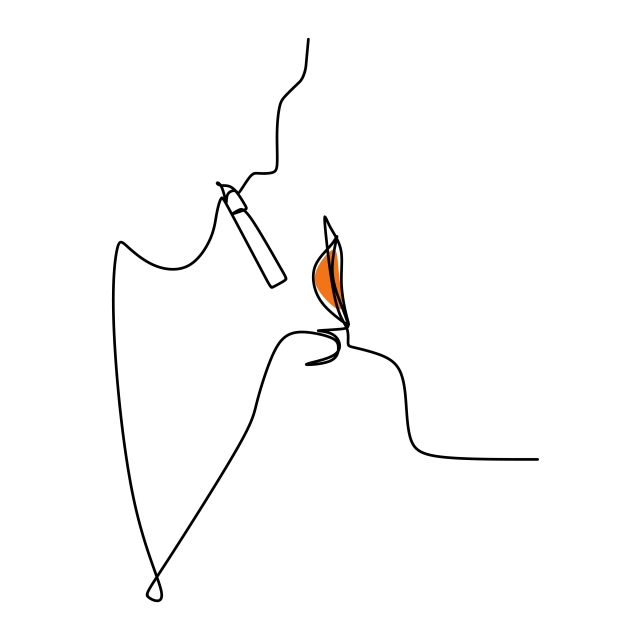 640x640 one line drawing of a man lighting a cigar with a lighter, one