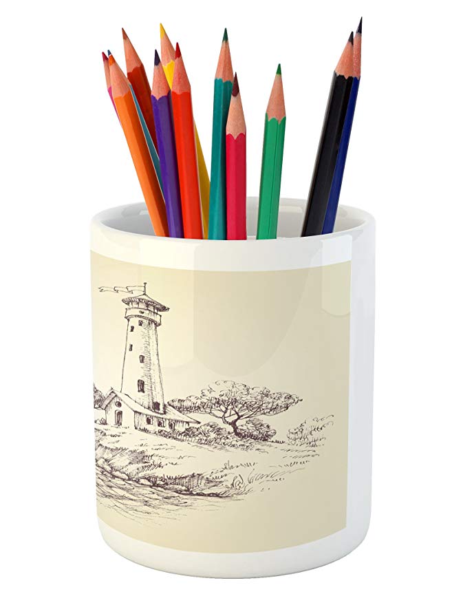 673x879 Lunarable Sketchy Pencil Pen Holder, Lighthouse Over