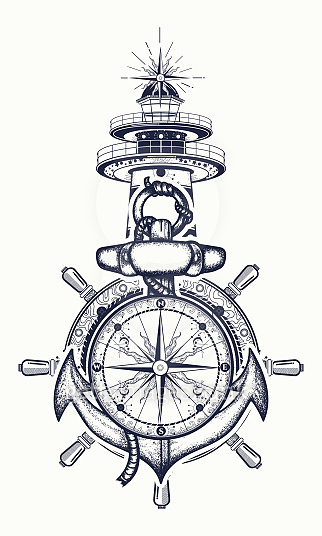 322x536 Anchor, Steering Wheel, Compass, Lighthouse, Tattoo Art Symbol