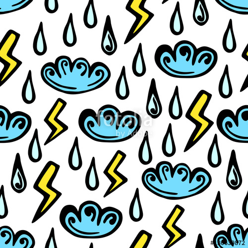 500x500 Clouds, Lightning And Rain Storm Seamless Hand Drawing Vector