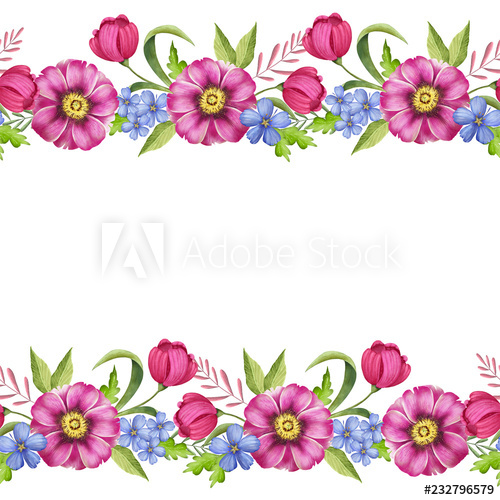 500x500 Bouquet Of Flowers Digital Drawing Blue And Pink Flowers