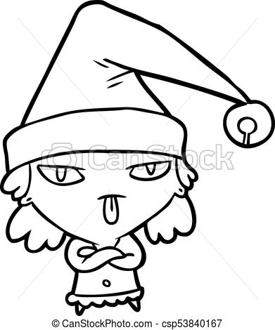 391x470 Line Drawing Of A Girl Wearing Christmas Hat