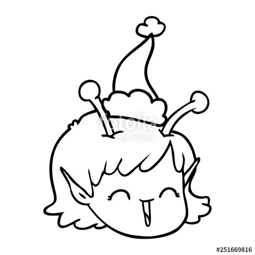 500x500 Line Drawing Of A Alien Space Girl Face Wearing Santa Hat Stock