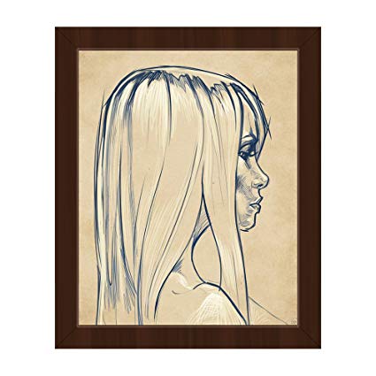 425x425 indigo on sepia young woman portrait sketch line