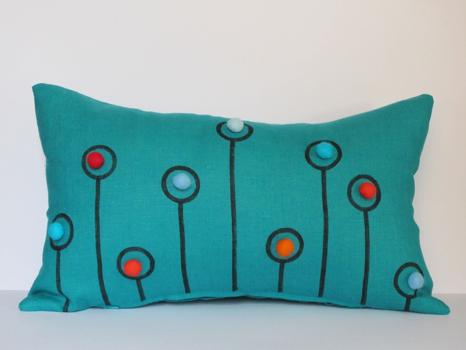 1500x1125 Turquoise Linen Pillow Case Dandelion Pen Drawing With Felt Balls