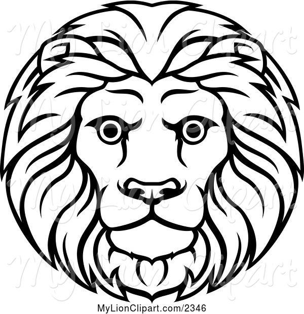 600x620 Clipart Of A Black And White Lineart Leo Lion Face And Mane
