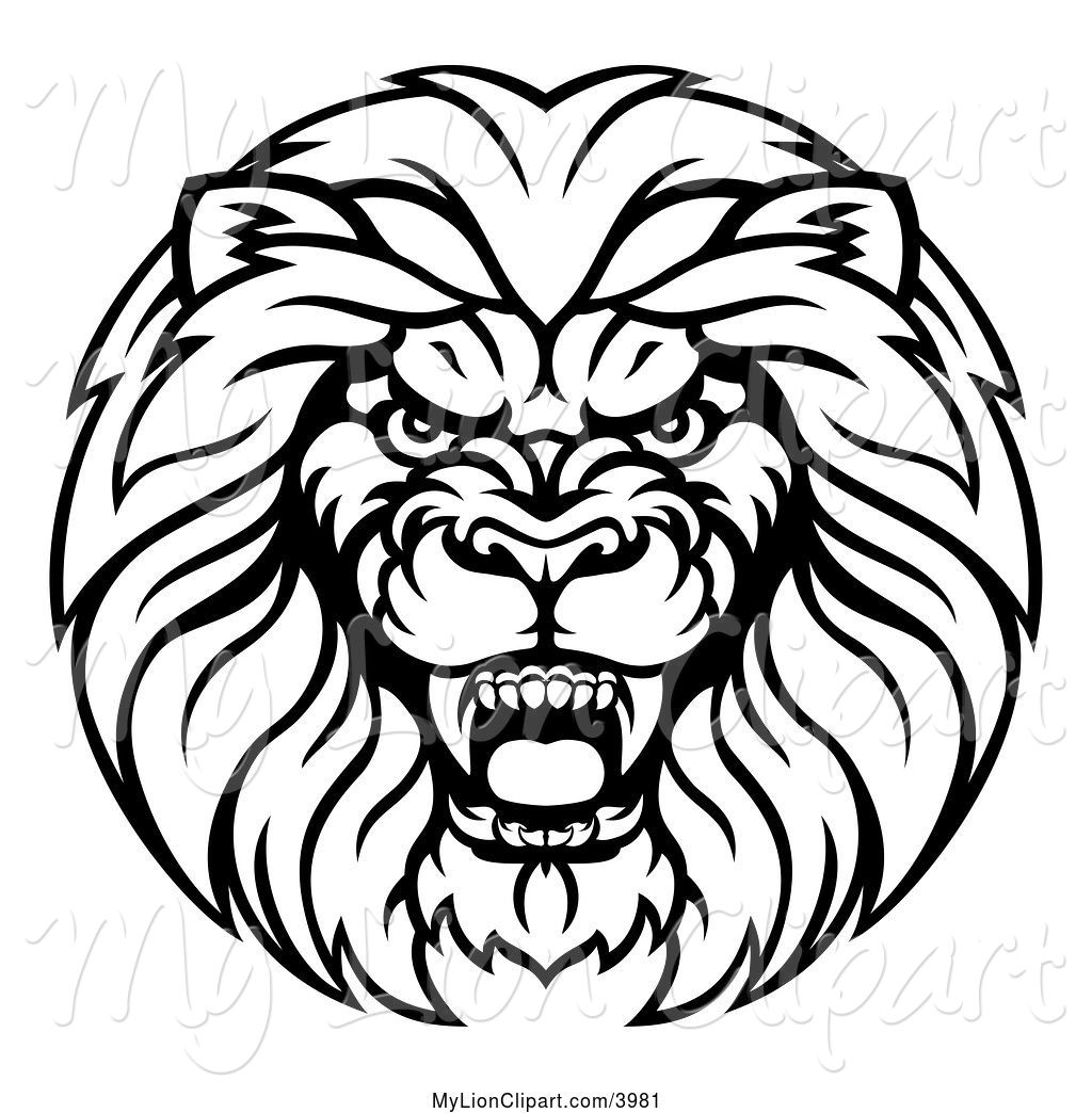 1024x1044 Clipart Of A Cartoon Black And White Aggressive Male Lion Head