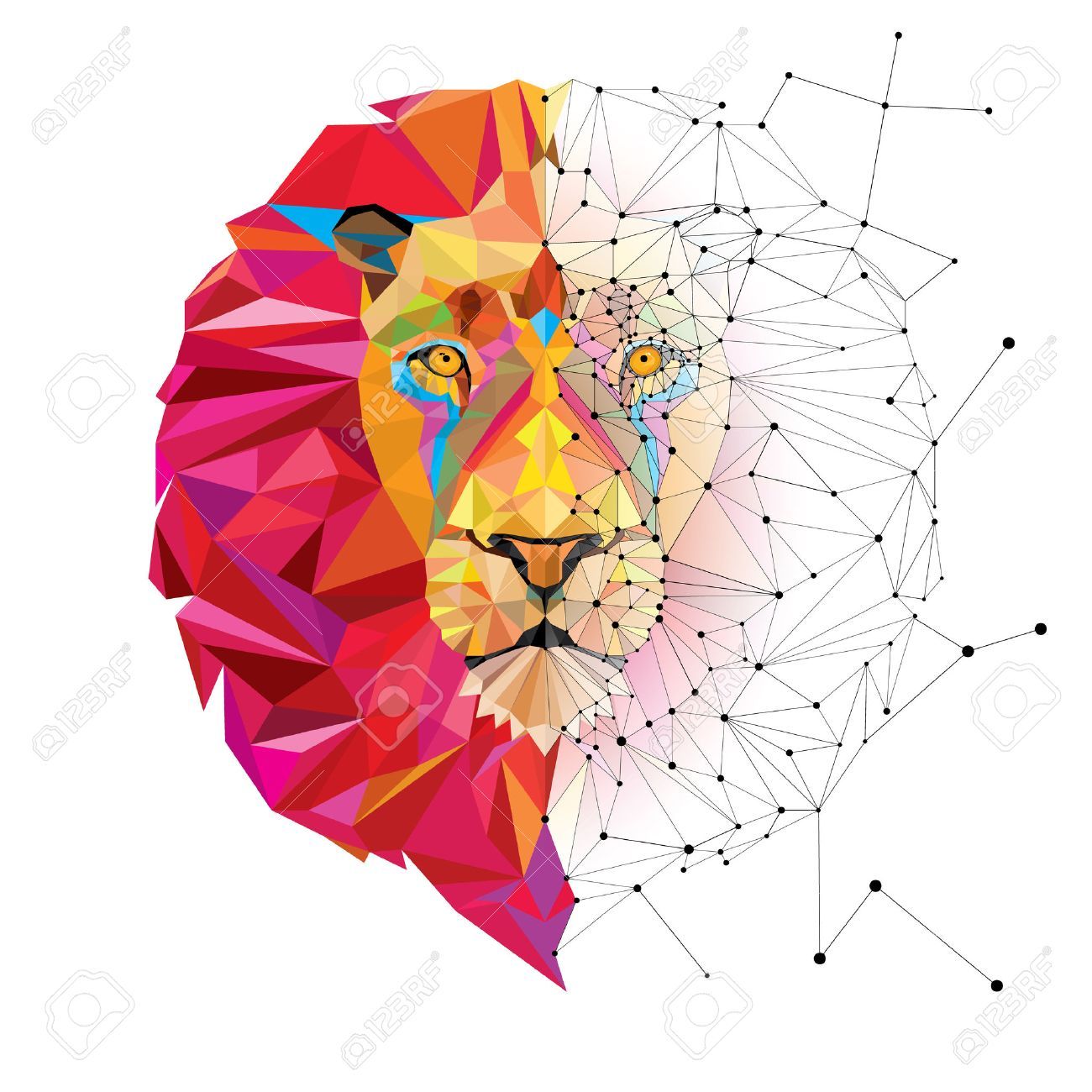 1300x1300 Lion Head In Geometric Pattern With Star Line Vector