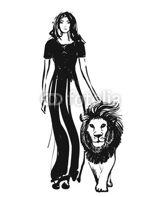 324x400 Sketch Illustration Girl Walking With Lion Hand Drawn Buy