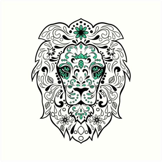 550x550 Black And Green Glitter Lion Sugar Skull Art Prints