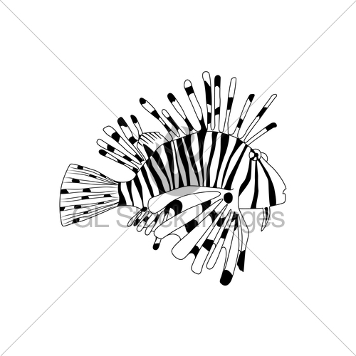 500x500 vector black and white lionfish cartoon pterois volitans gl