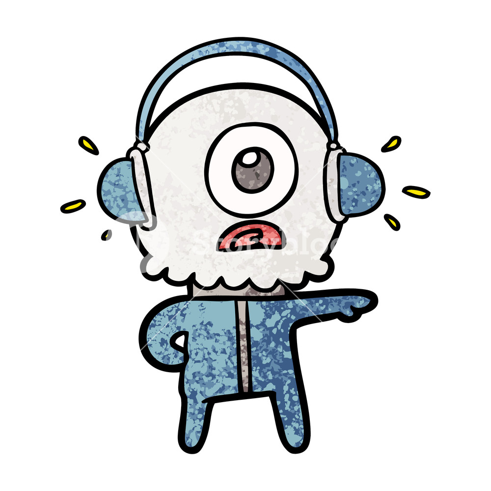 1000x1000 cartoon cyclops alien spaceman listening to music royalty free