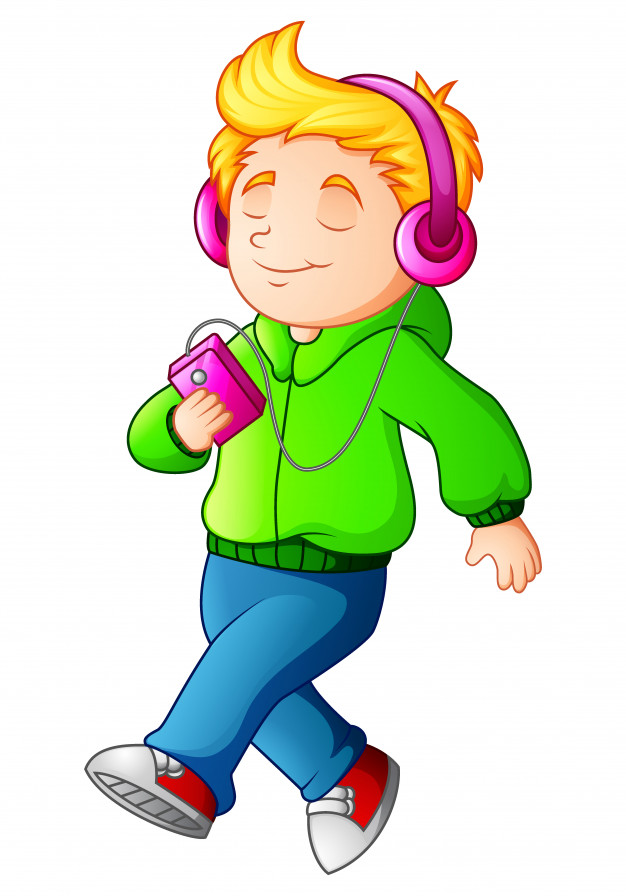 626x896 Cartoon Boy Walking And Listening Music Player Vector Premium