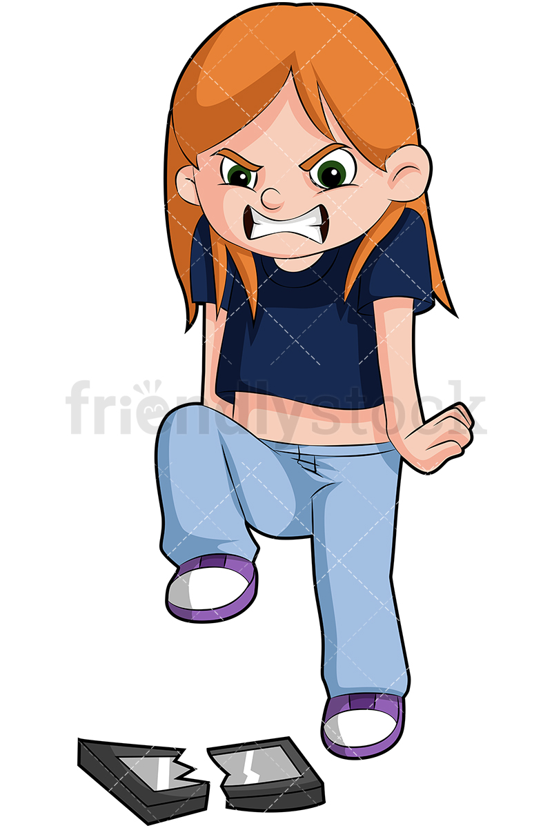 800x1200 Angry Little Girl Breaking Phone Cartoon Vector Clipart