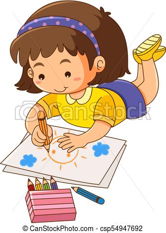 335x470 Little Girl Drawing Sun On Paper Illustration