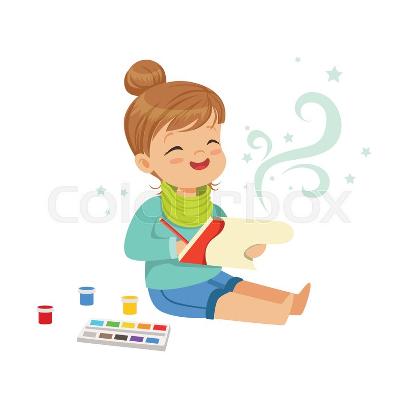 800x800 Cute Little Girl Drawing With Paints Stock Vector Colourbox