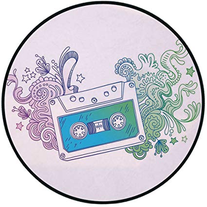 425x425 Printing Round Rug, Doodle, Audio Cassette Tape