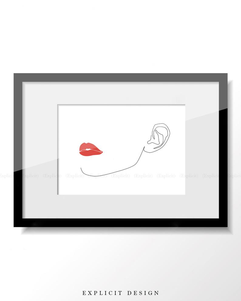 794x992 Red Lip Drawing Printable Thin Black Fine Line Fashion Etsy
