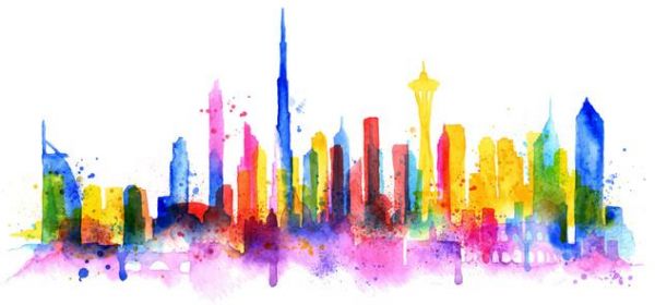 600x280 Dubai Watercolor Cityscape Art Canvas Print, United Arab Emirates