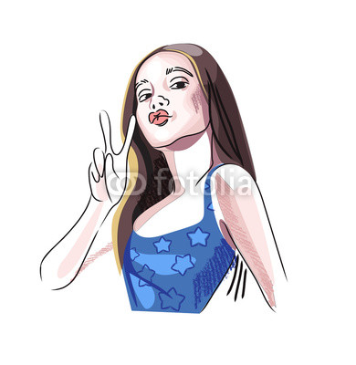 390x400 Drawing Illustration Of Young Active Girl With Long Hair, Vector