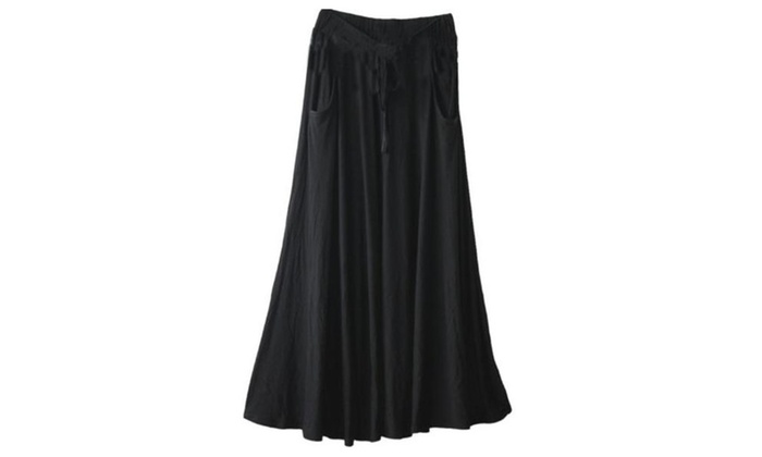 700x420 women drawing elastic waist pockets cotton silky a line long skirt
