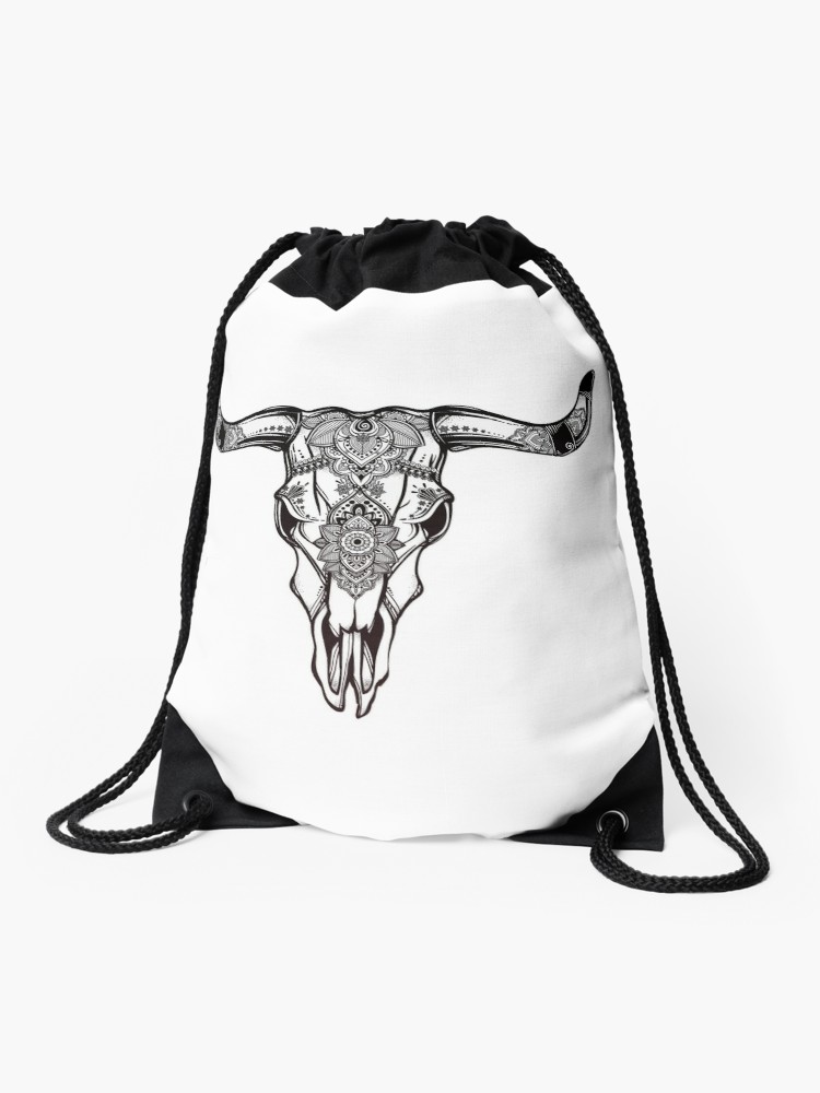 750x1000 Cow Skull Ornate Hand Drawn Western Art Drawstring Bag