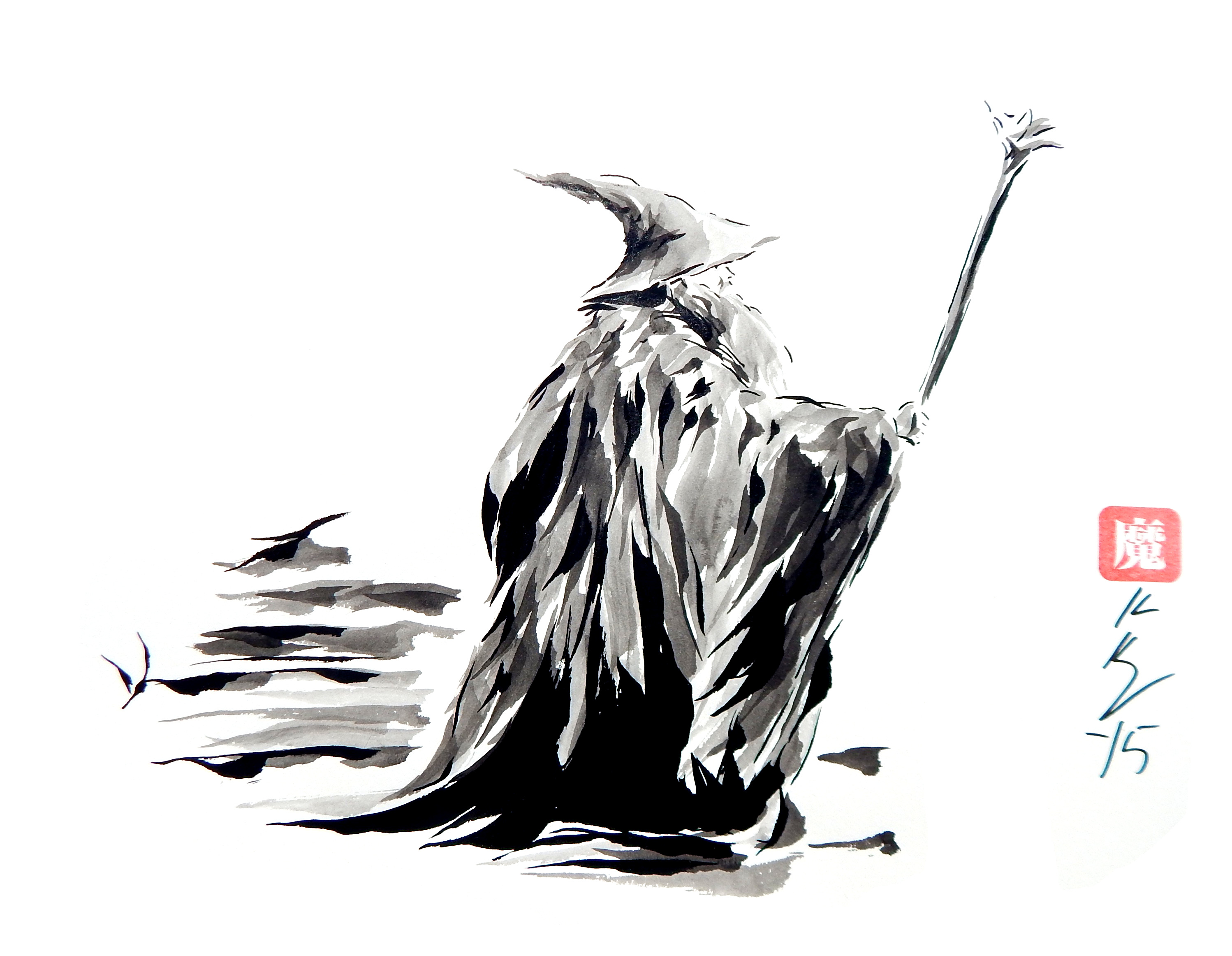 2996x2324 The Gray Pilgrim, Japanese Sumi E