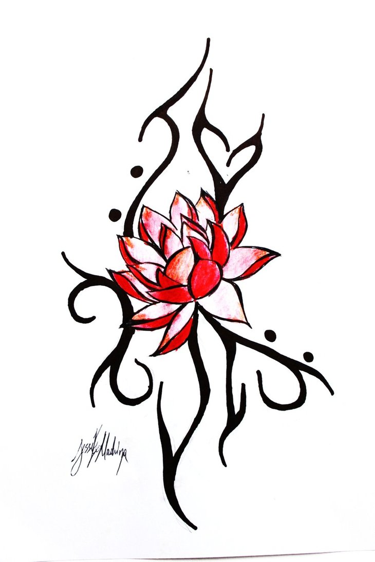 730x1095 Red Ink Lotus Flower Tattoo Design