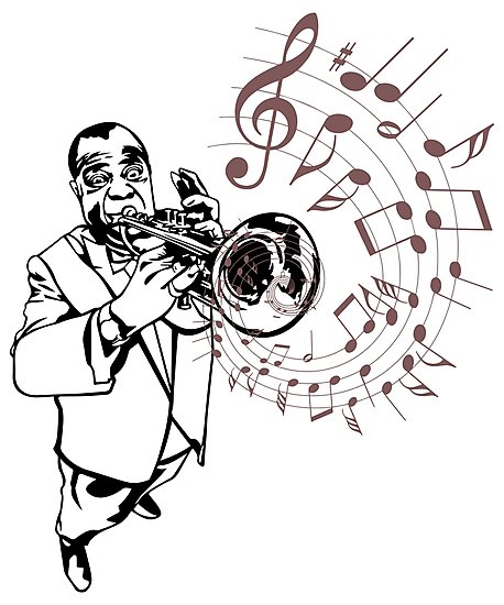458x550 Louis Armstrong Playing Trumpet With Musical Notes, Jazz Masters