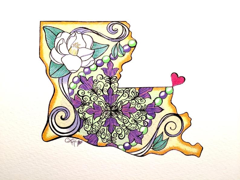 794x596 Louisiana Drawing Fun Art Print Fleur De Lis Original Etsy