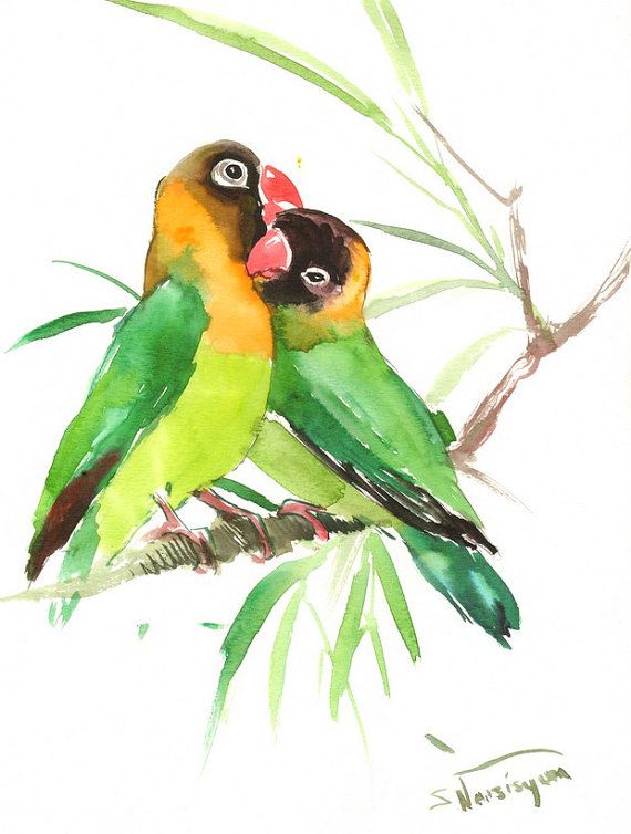 570x754 Lovebirds, Original Watercolor Painting, X In, Green Yellow