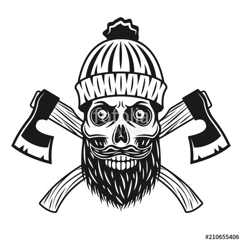 500x500 lumberjack skull in knitted hat with beard, axes stock image