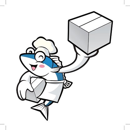 416x416 Mackerel Fish Character Is Holding A Delivery Stock Vectors