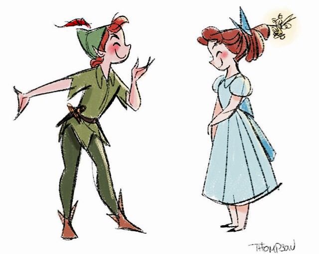640x511 cute peter pan and wendy sketch illustration in watercolor