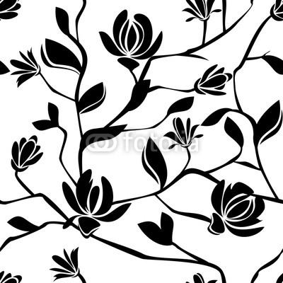 400x400 Magnolia Blossom Black And White Seamless Pattern On White