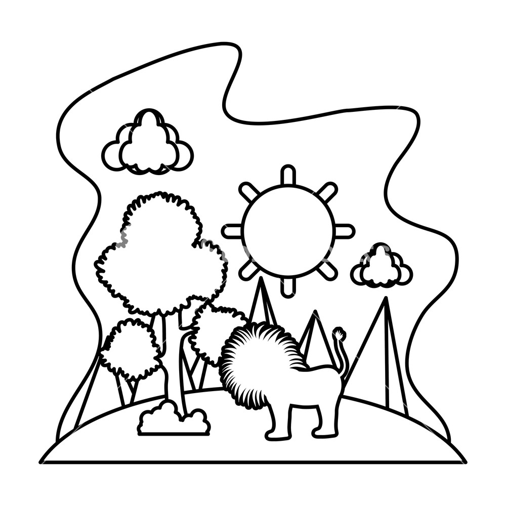 1000x1000 Line Sun With Tree And Male Lion In The Landscape Vector