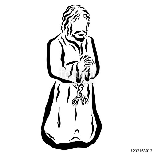 500x500 Man Praying On His Knees, Biblical Times, Black Outline Stock