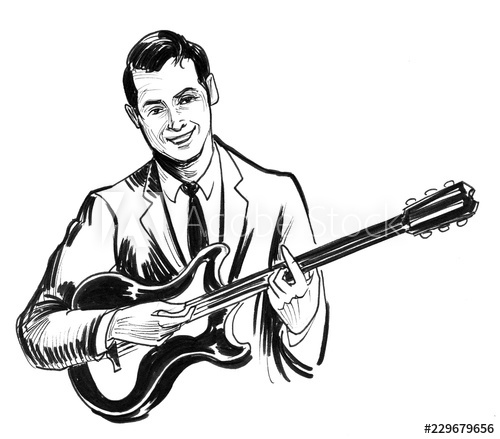 500x439 Young Man In Suit Playing Electric Guitar Ink Black And White
