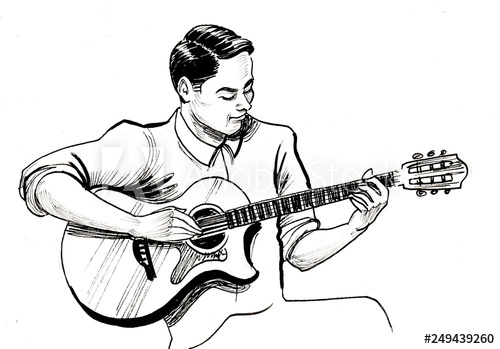 500x349 Young Man Playing An Acoustic Guitar Ink Black And White