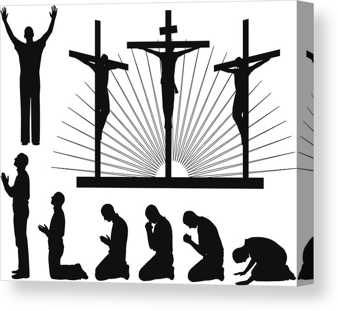 678x624 Silhouettes Of The Three Crosses And Praying Man Canvas Print