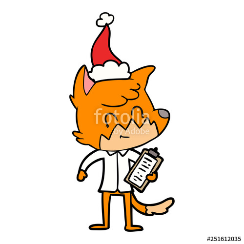 500x500 Line Drawing Of A Friendly Fox Manager Wearing Santa Hat Stock
