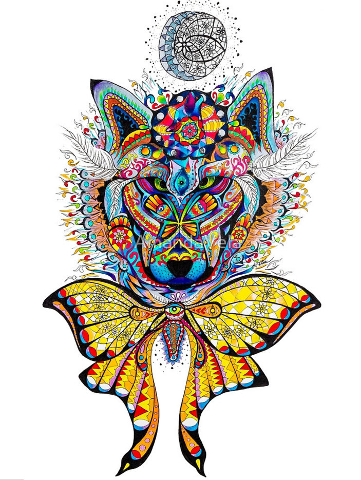 703x935 Wolf Art Moon Art Zentangle Mandala Bohemian Psychedelic Etsy