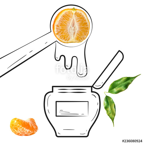 500x500 fruit composition with fresh mandarin and cartoon cute doodle