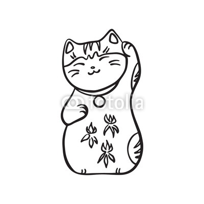 400x400 Hand Drawn Maneki Neko Lucky Cat Vector Black Ink Drawing