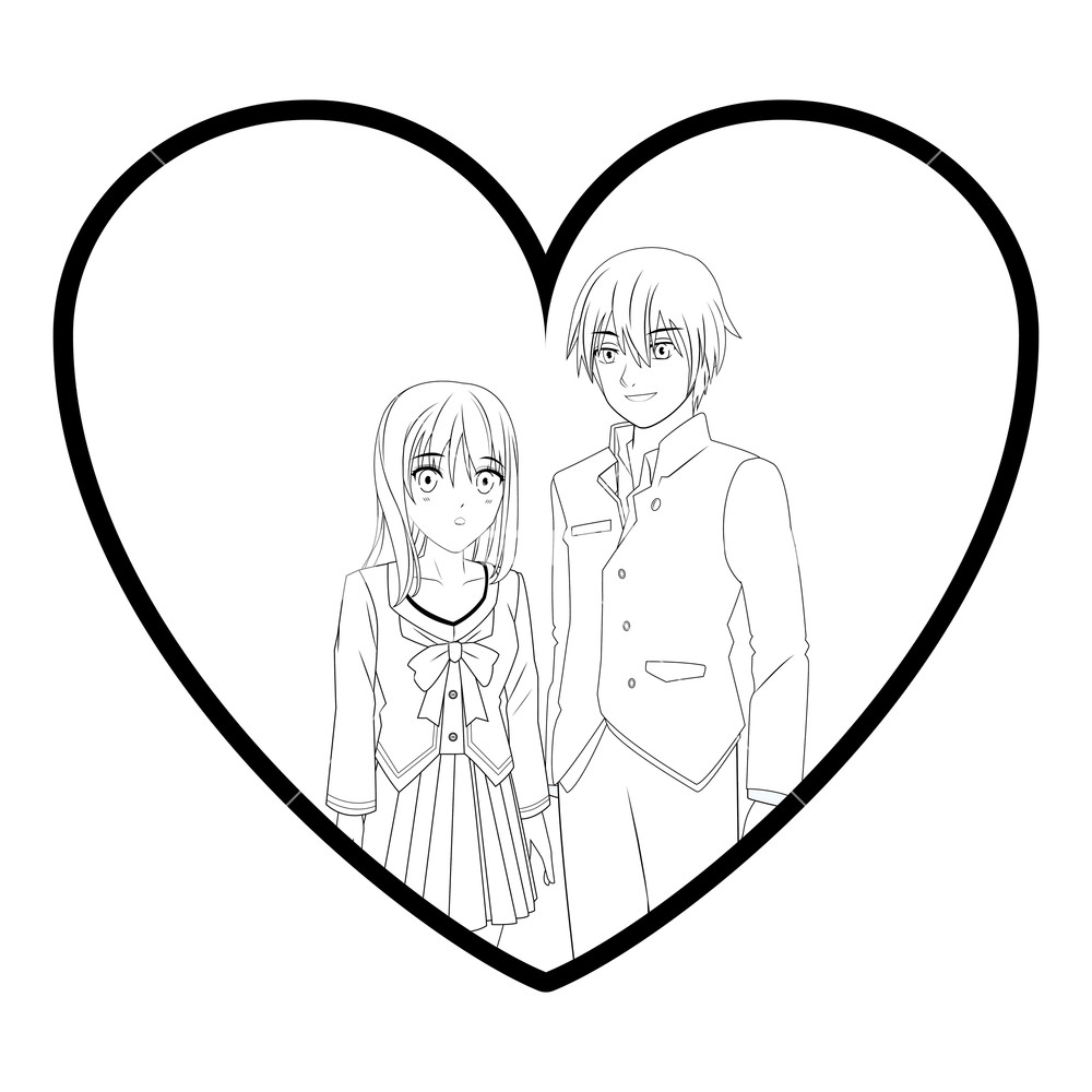 1000x1000 Couple Anime Manga Heart Shape Icon Black And White Vector