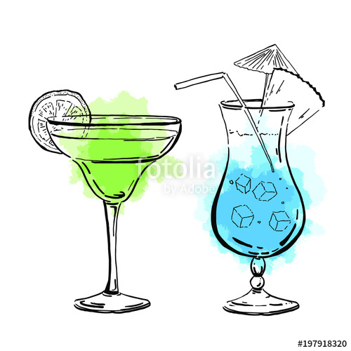 500x500 Vector Outline Hand Drawn Margarita And Blue Curacao Coctails