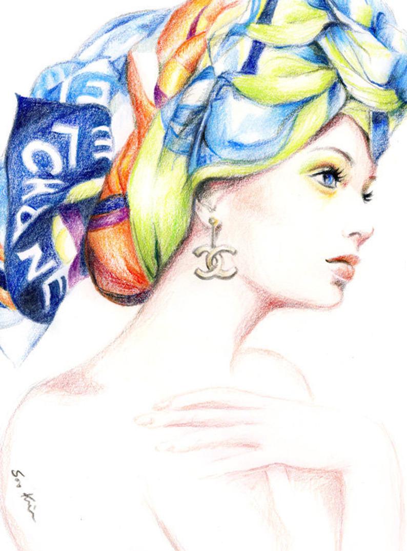 794x1074 Chanel Scarf Fashion Illustration Colored Pencil Drawing Print Etsy