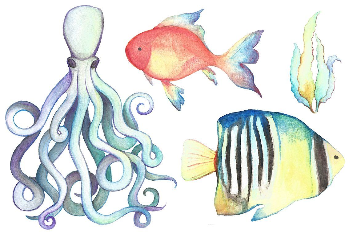 1160x772 Watercolor Sea Life Clipart Bundle